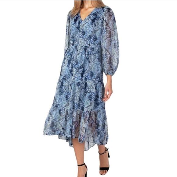 JOIE Parisian Paisley Blue Long Sleeve Tiered Chiffon Maxi Dress Boho Sz XL - Picture 1 of 13